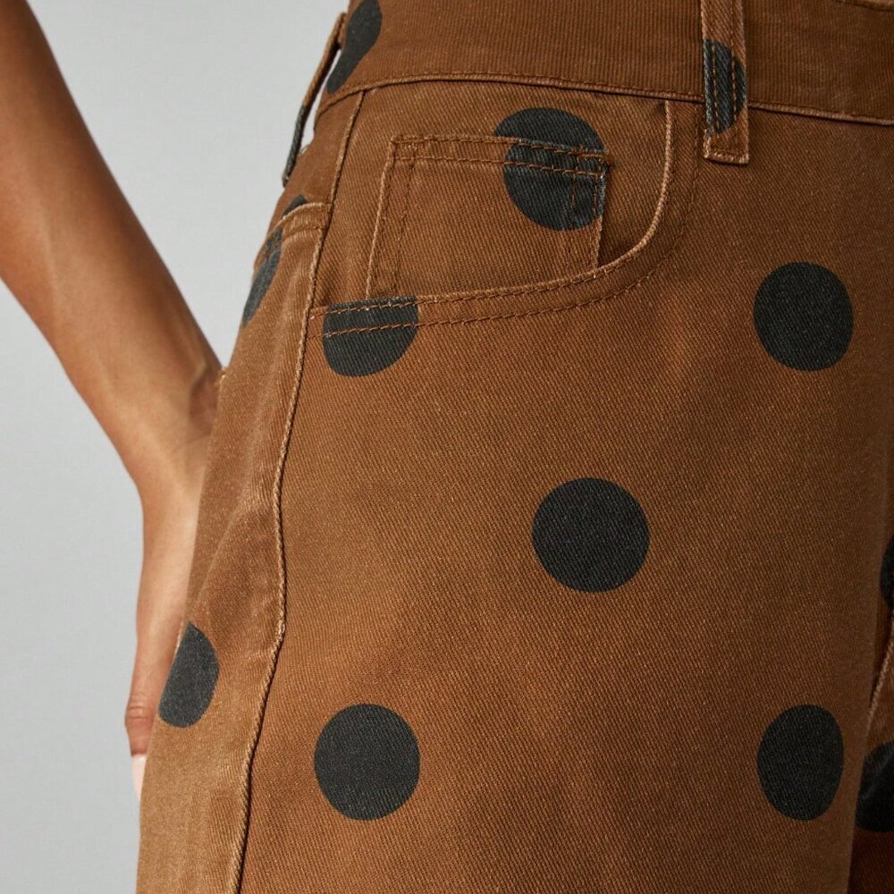 Brown High Waisted Casual Women's Wide Leg Polka Dot Jeans - Picture 6 of 7